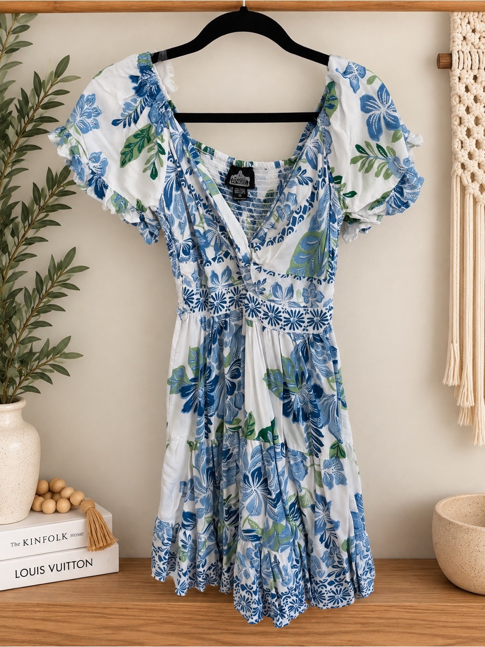 Angie Blue, White & Green Floral V-Neck Dress